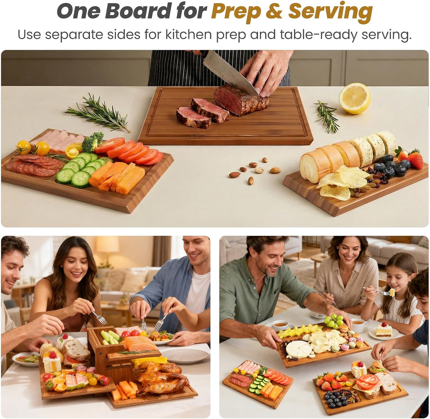 Meal Prep Cutting - Bamboo Cutting Board Set With Stand,